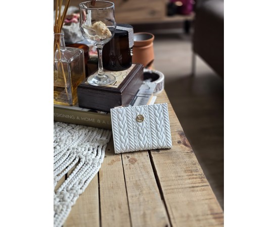 Beyaz Dokuma Desen Kare Kartlık Detaylı Cüzdan