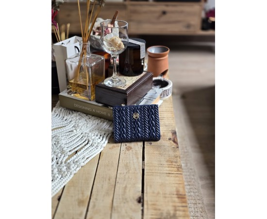 Lacivert Dokuma Desen Kare Kartlık Detaylı Cüzdan