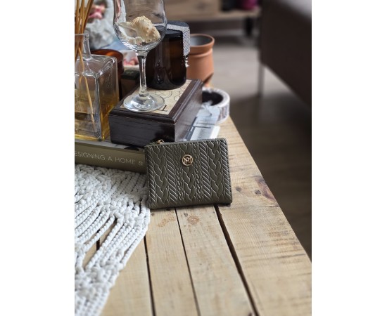 Haki Yeşil Dokuma Desen Kare Kartlık Detaylı Cüzdan