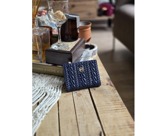 Lacivert Dokuma Desen Kare Kartlık Detaylı Cüzdan