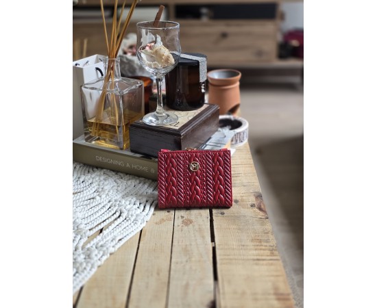 Kırmızı Dokuma Desen Kare Kartlık Detaylı Cüzdan