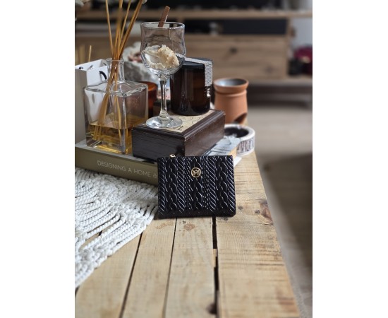 Siyah Dokuma Desen Kare Kartlık Detaylı Cüzdan