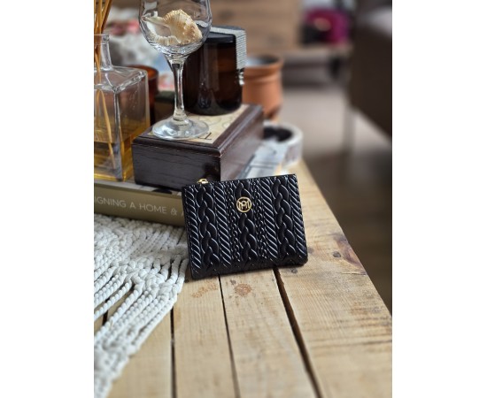 Siyah Dokuma Desen Kare Kartlık Detaylı Cüzdan