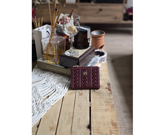 Bordo Dokuma Desen Kare Kartlık Detaylı Cüzdan