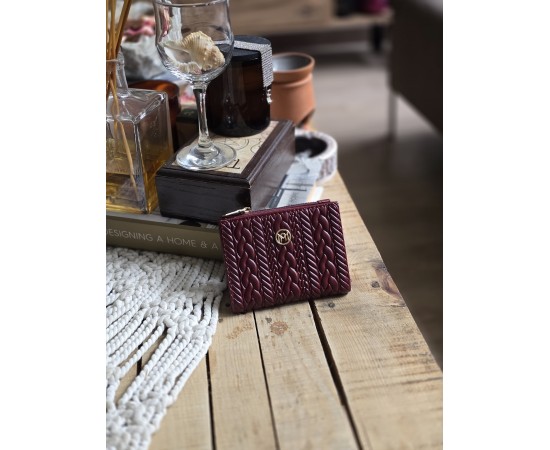 Bordo Dokuma Desen Kare Kartlık Detaylı Cüzdan