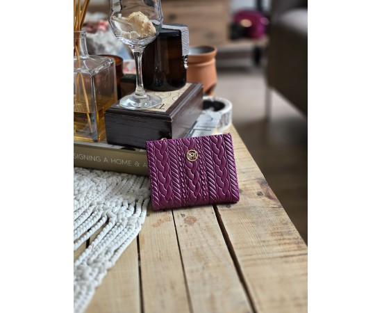 Mor Dokuma Desen Kare Kartlık Detaylı Cüzdan