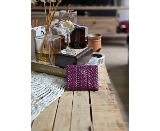 Mor Dokuma Desen Kare Kartlık Detaylı Cüzdan