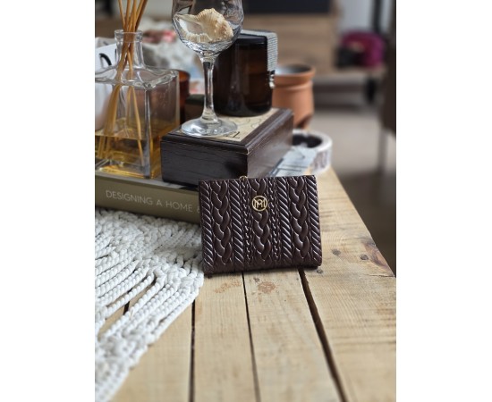 Acı Kahve Dokuma Desen Kare Kartlık Detaylı Cüzdan