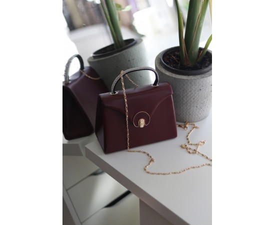 Bordo Mat Oval Gold Aksesuarlı Taşlı Tutma Kulplu Abiye El Çantası