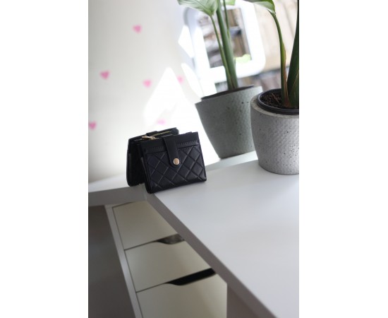 Kadın Siyah Kare Baklava Desenli Mini Kartlk Cüzdan