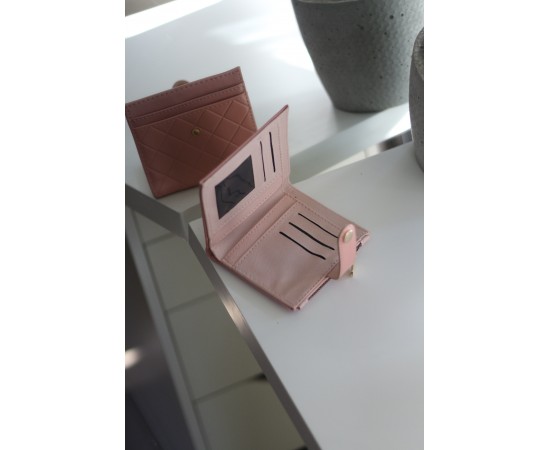 Kadın Pudra Kare Baklava Desenli Mini Kartlık Cüzdan