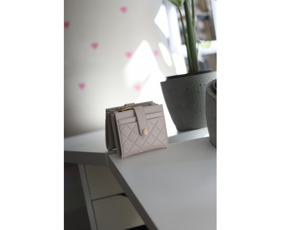 Kadın Krem Kare Baklava Desenli Mini Kartlık Cüzdan