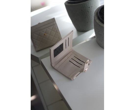 Kadın Krem Kare Baklava Desenli Mini Kartlık Cüzdan