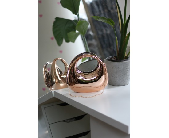Kadın Rose Gold Metalik Oval Tutmalı Mika Kalıp Abiye El Çantası