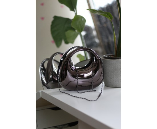 Kadın Platin Metalik Oval Tutmalı Mika Kalıp Abiye El Çantası