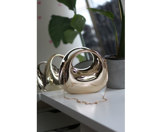 Kadın Gold Metalik Oval Tutmalı Mika Kalıp Abiye El Çantası