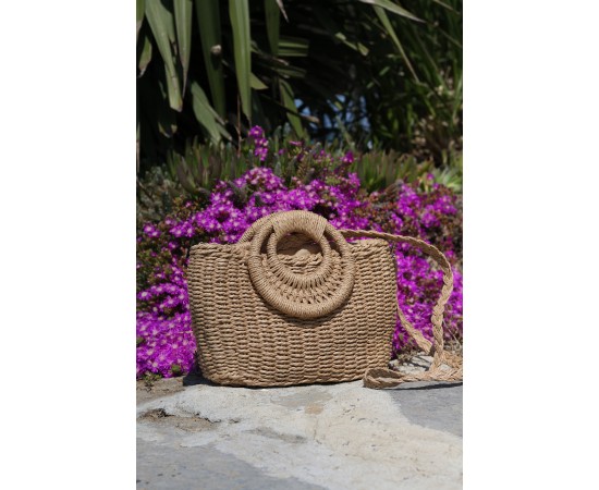  Kadın Camel Yuvarlak Saplı Omuz Askılı Hasır Çanta