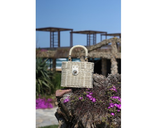  Kadın Bej Sepet Formlu Tutma Saplı Zincir Askılı Hasır Çanta