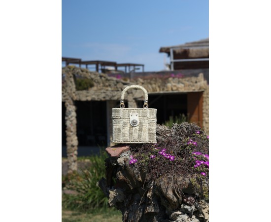  Kadın Bej Sepet Formlu Tutma Saplı Zincir Askılı Hasır Çanta