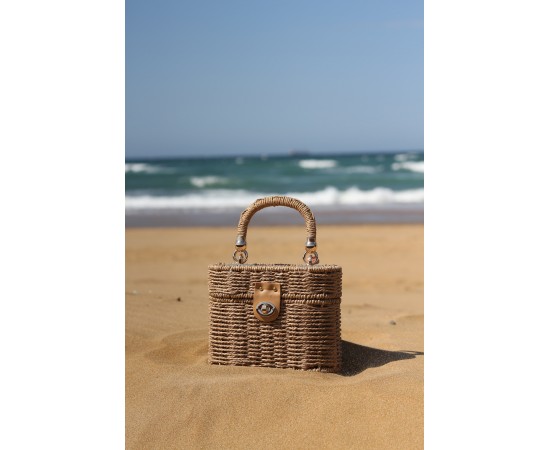  Kadın Camel Sepet Formlu Tutma Saplı Zincir Askılı Hasır Çanta