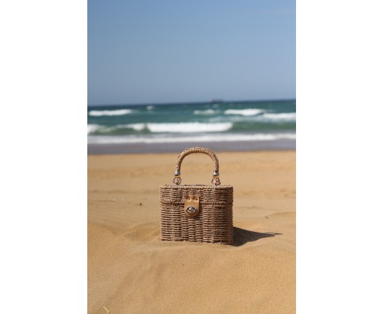  Kadın Camel Sepet Formlu Tutma Saplı Zincir Askılı Hasır Çanta