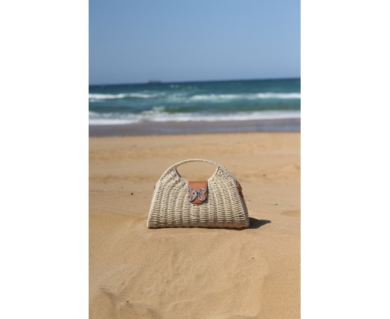  Kadın Bej Kilit Detaylı Tutma Saplı Omuz Askılı Hasır Çanta