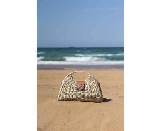  Kadın Bej Kilit Detaylı Tutma Saplı Omuz Askılı Hasır Çanta