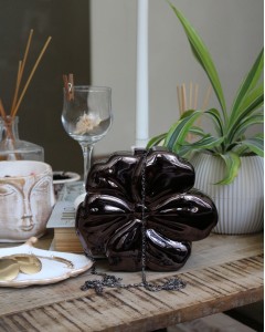 Kadın Platin Mika Kaplama Çiçek Desenli Abiye Çanta