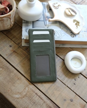 Kadın Haki Yeşil Gerçek Deri Fermuar Detaylı Kartlık