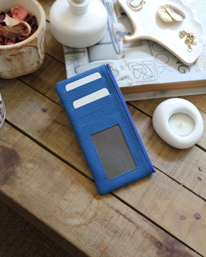 Kadın Mavi Yeşili Gerçek Deri Fermuar Detaylı Kartlık