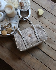 Krem Hasır Doku Çift Şeritli El Omuz Çantası