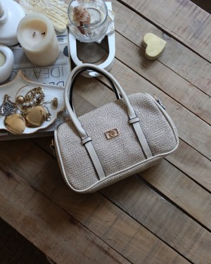 Krem Hasır Doku Çift Şeritli El Omuz Çantası