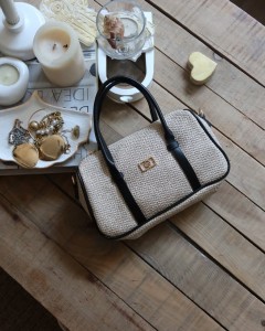 Siyah  Hasır Doku Çift Şeritli El Omuz Çantası