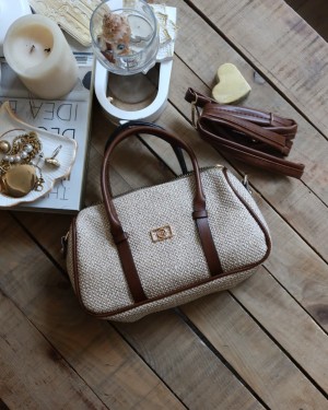 Taba Hasır Doku Çift Şeritli El Omuz Çantası Taba Hasır Doku Çift Şeritli El Omuz Çantası