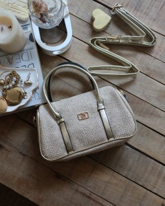 Gold Hasır Doku Çift Şeritli El Omuz Çantası