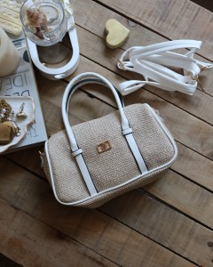 Beyaz Hasır Doku Çift Şeritli El Omuz Çantası