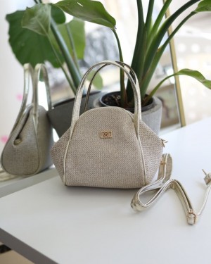 Gold Hasır Doku Çift Saplı Askılı Omuz Çantası