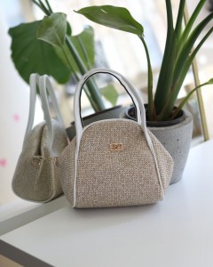 Beyaz Hasır Doku Çift Saplı Askılı Omuz Çantası