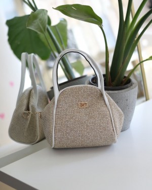 Beyaz Hasır Doku Çift Saplı Askılı Omuz Çantası