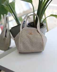 Krem Hasır Doku Çift Saplı Askılı Omuz Çantası