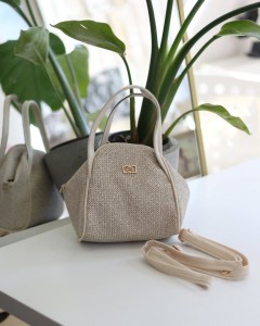 Krem Hasır Doku Çift Saplı Askılı Omuz Çantası