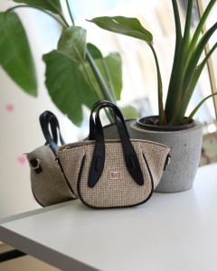 Siyah Hasır Doku Çift Saplı Askılı El Omuz Çantası