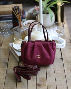bordo süet büzgü doku çift kulplu el omuz çantası