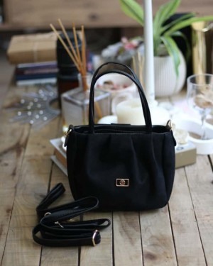  siyah süet büzgü doku çift kulplu el omuz çantası