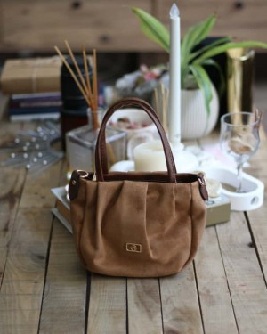  camel süet büzgü doku çift kulplu el omuz çantası