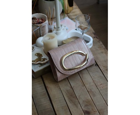 rose gold çizgi doku tutma aksesuarlı abiye el çantası 