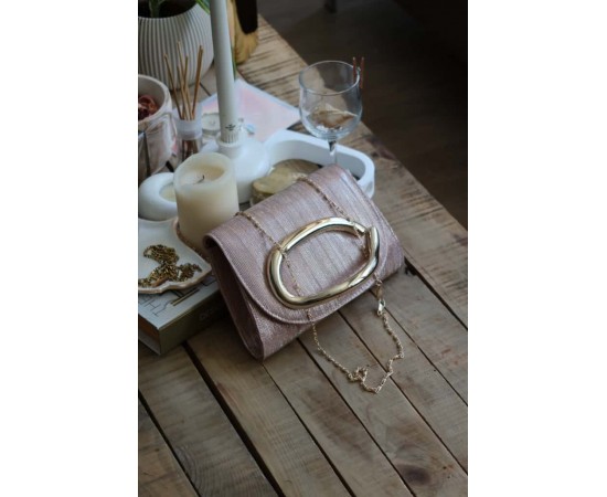 rose gold çizgi doku tutma aksesuarlı abiye el çantası 