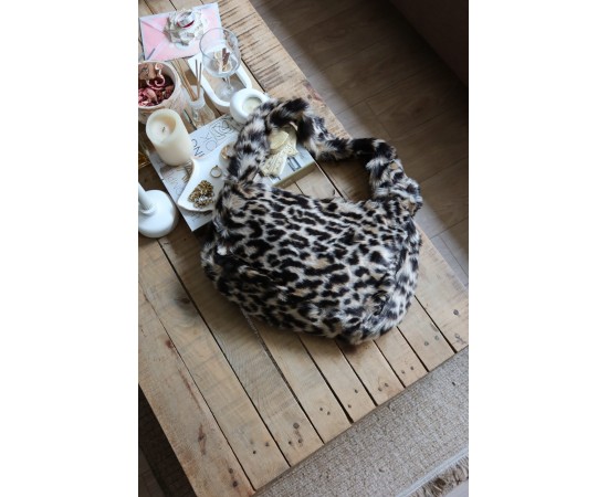 leopar  tek kulplu peluş omuz çantası