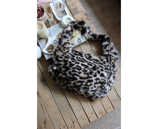 leopar  tek kulplu peluş omuz çantası
