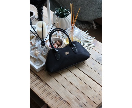 siyah süet çift fermuar detaylı el omuz çantası